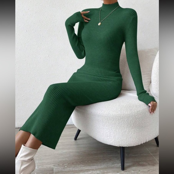 Sexy mock neck ribbed long sleeve bodycon fitted maxi sweater dress - Picture 16 of 16